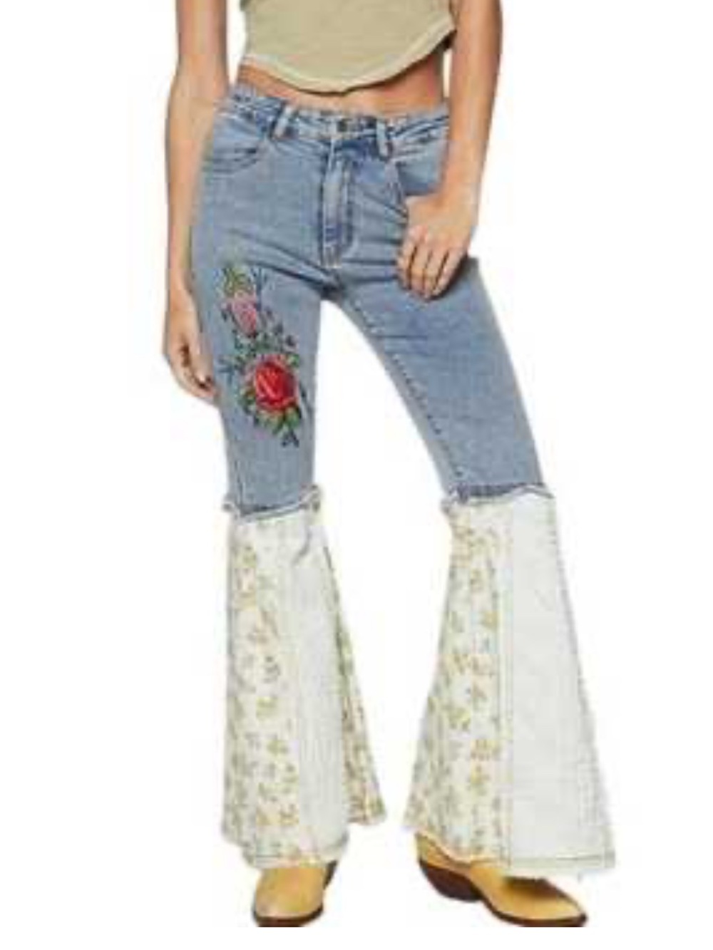 POL Light Blue Denim Flare Jeans with Red Rose Embroidery & Cream Floral Panels
